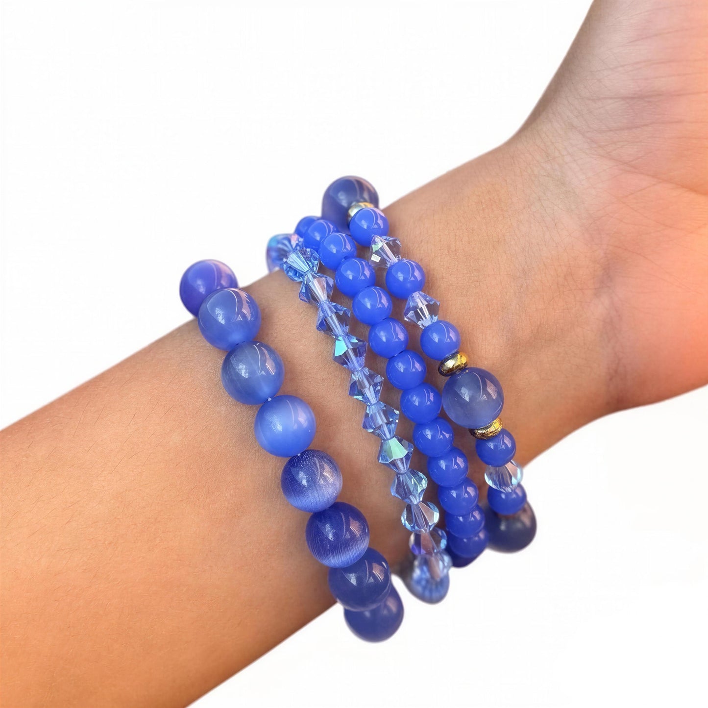 Blue Cat’s Eye Bracelet Set, Handmade Blue Gemstone Bracelet Stack, Beaded Stretch Bracelets, Stackable Jewelry, Gift for Her