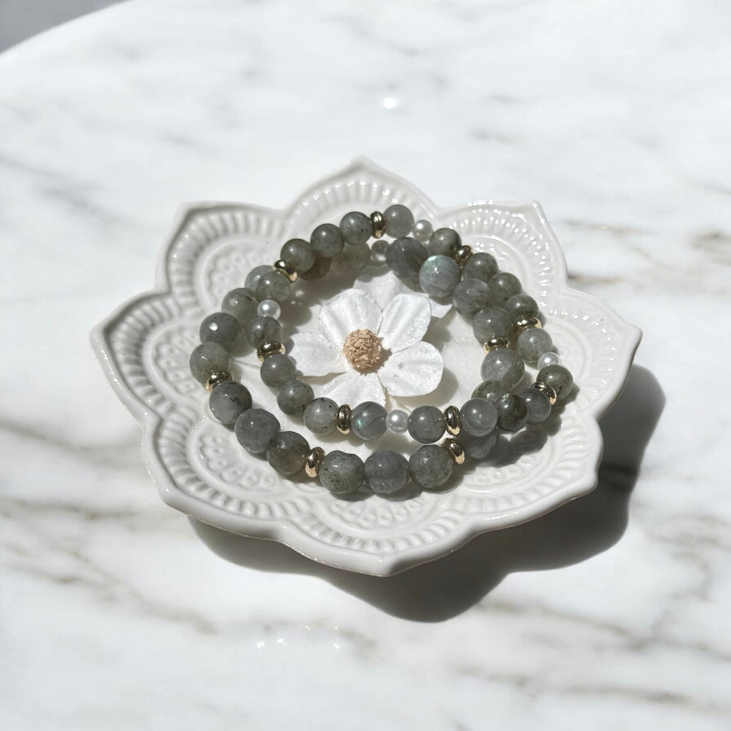 Gray Bracelets, Labradorite Bracelet Set with Gold Accents & Pearl Crystal Jewelry, Gemstone Beaded Bracelet