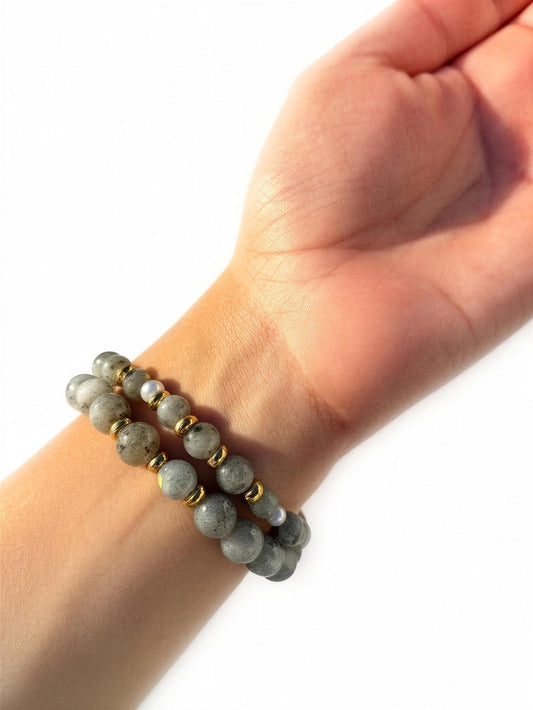 Labradorite Bracelet Set, Handmade Gemstone Bracelet Stack, Gold Accent Beaded Bracelets, Natural Stone Jewelry, Gift for Her