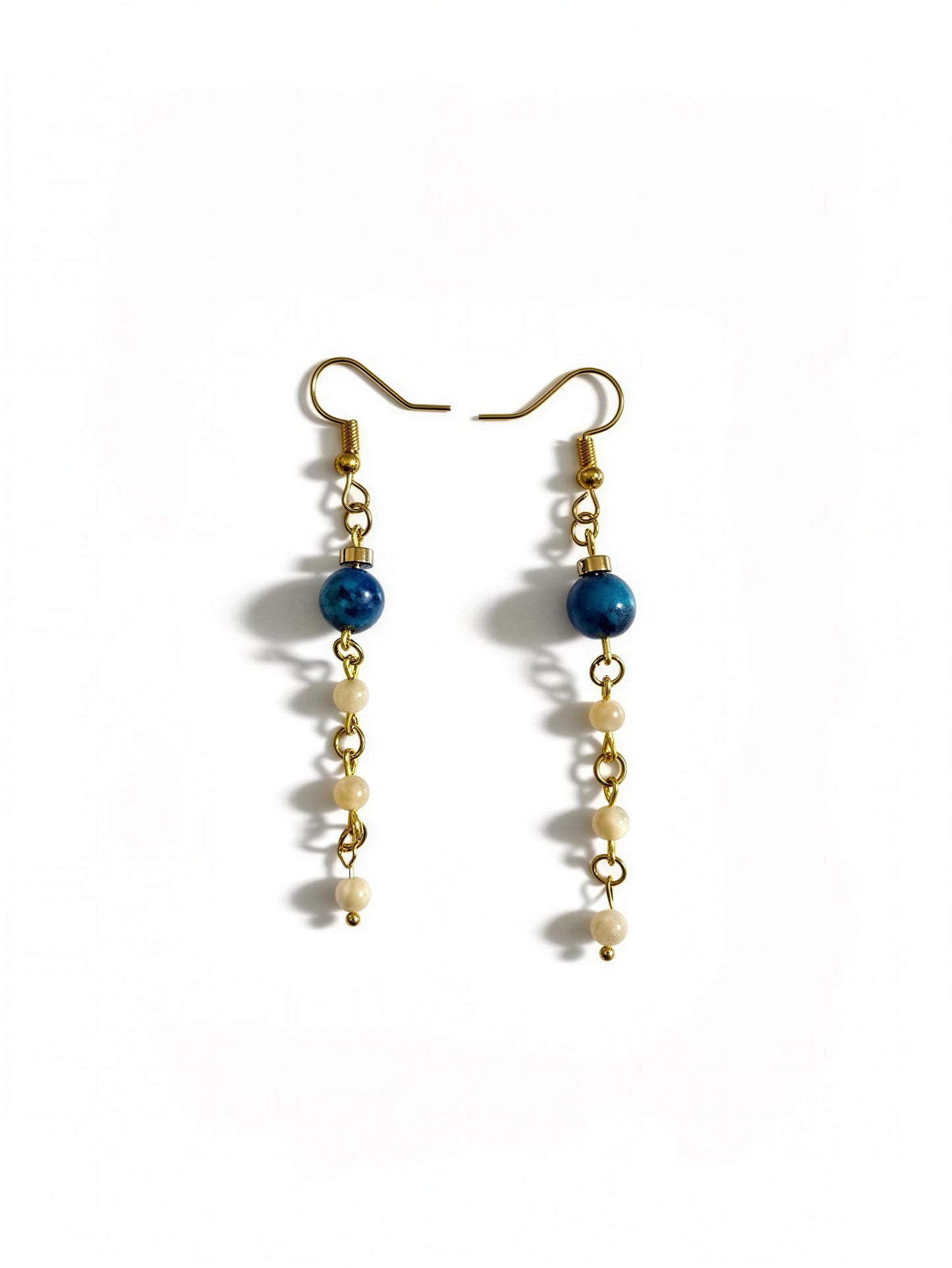 Mother of Pearl Dangle Earrings, Gold Beaded Earrings, Aqua Stone Earrings, Beach Boho Jewelry, Coastal Earrings, Gift for Her