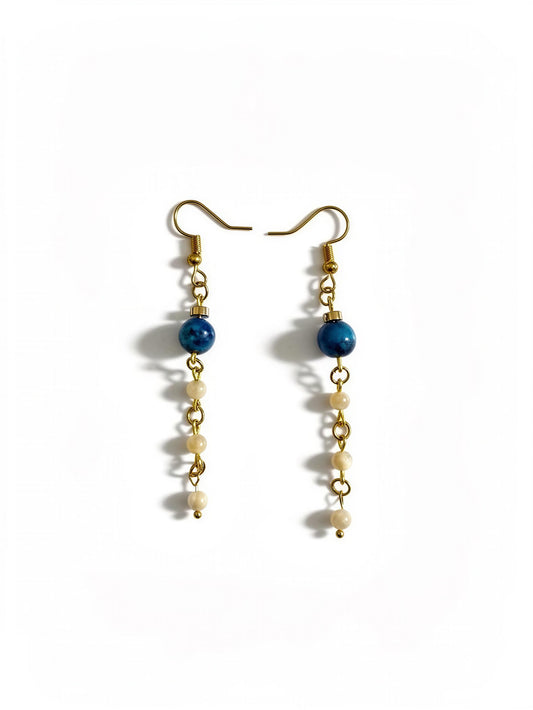 Mother of Pearl Dangle Earrings, Gold Beaded Earrings, Aqua Stone Earrings, Beach Boho Jewelry, Coastal Earrings, Gift for Her