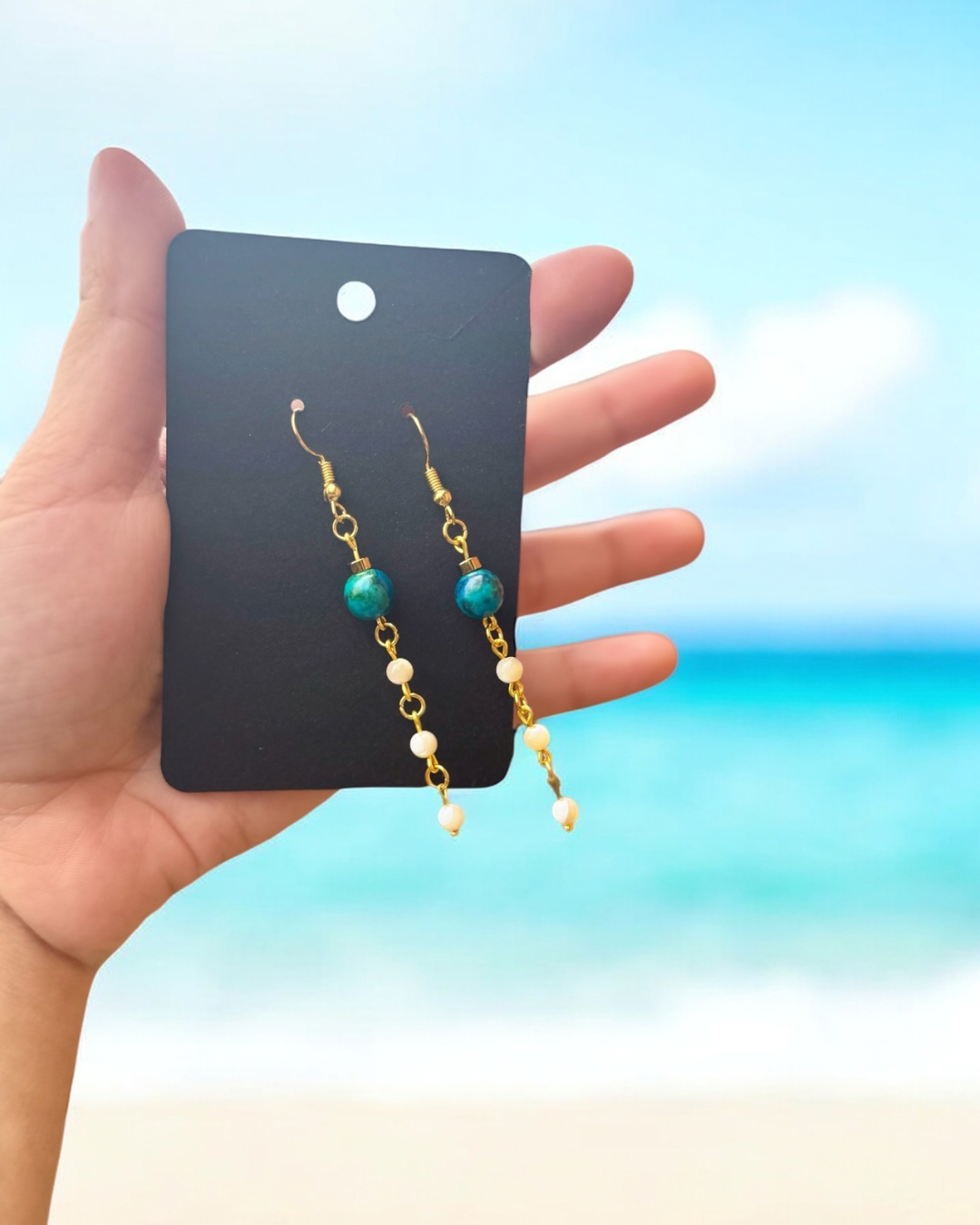 Mother of Pearl Dangle Earrings, Gold Beaded Earrings, Aqua Stone Earrings, Beach Boho Jewelry, Coastal Earrings, Gift for Her