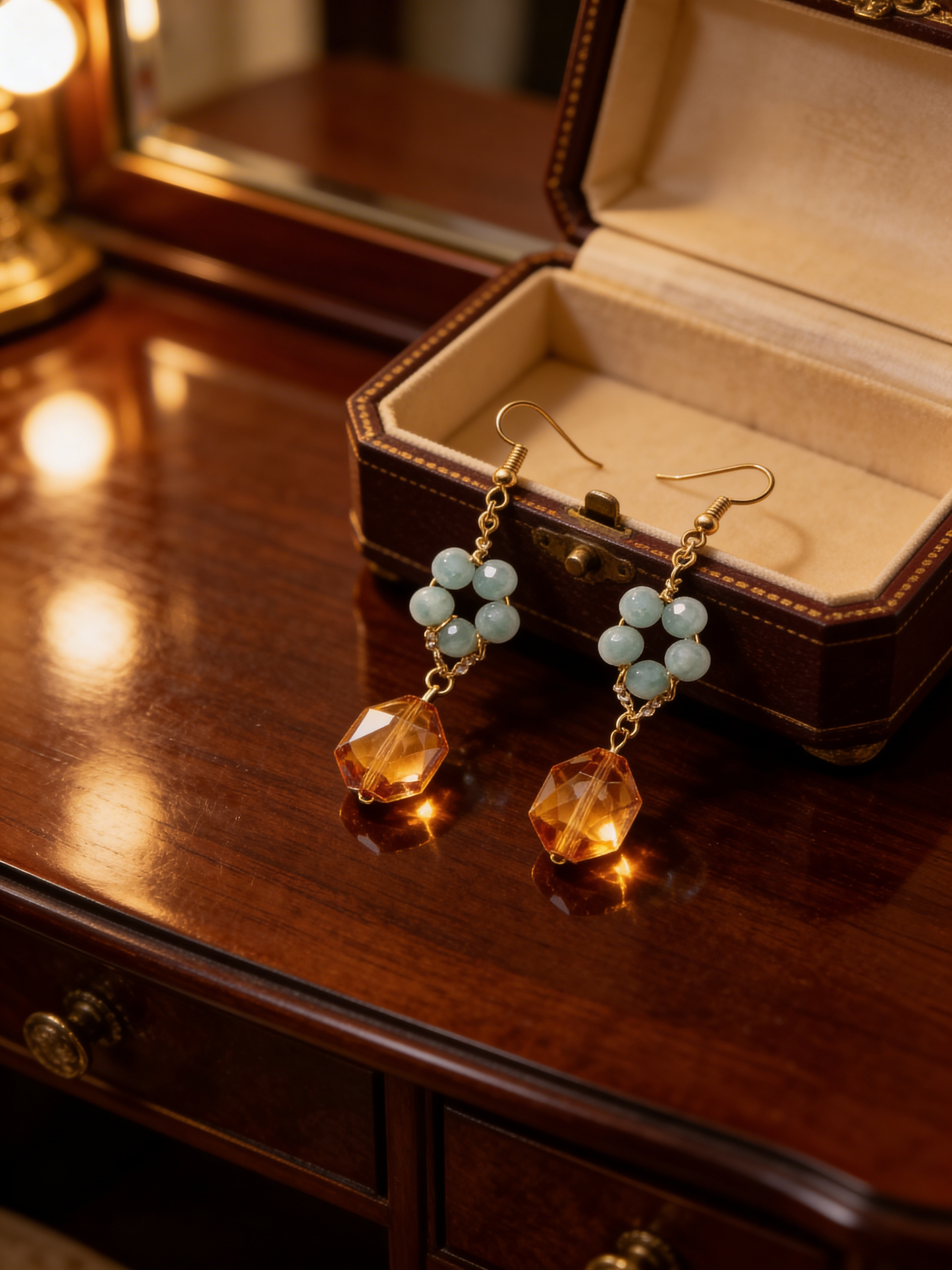Amazonite & Citrine Flower Drop Earrings, Handmade Gemstone Earrings, Gold Plated Dangle Earrings, Feminine Jewelry Gift for Her