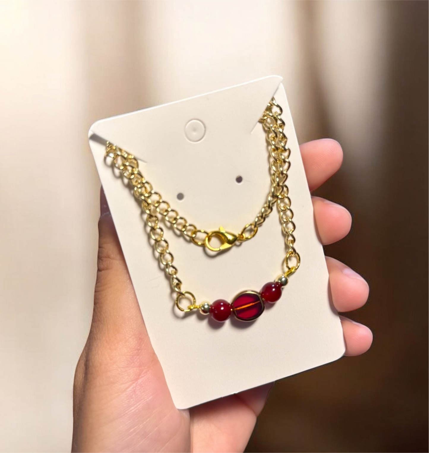 Gold Chain Necklace with Red Glass Beads – Dainty Handmade Jewelry, Minimalist Statement Necklace