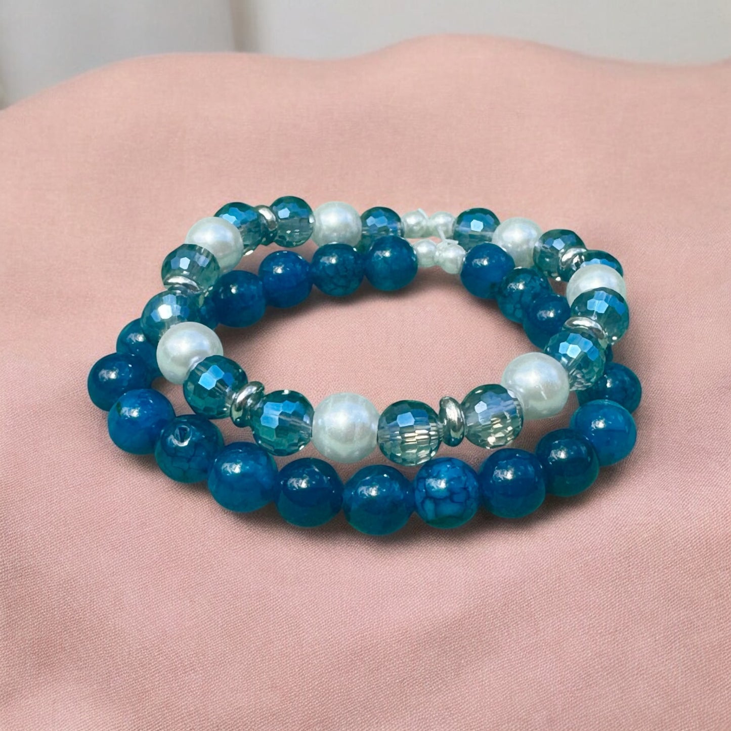 Blue Crackle Agate Bracelet Set – Handmade Stretch Bracelets with Glass & Silver-Plated Beads