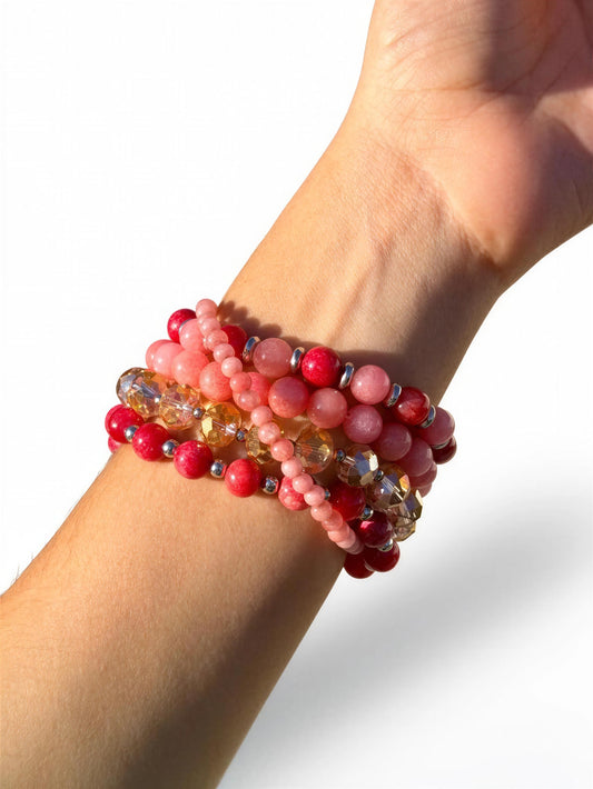 Pink Quartzite Bracelet Set, Handmade Gemstone Bracelet Stack, Coral Beaded Stackable Bracelets, Natural Stone Jewelry, Gift for Her