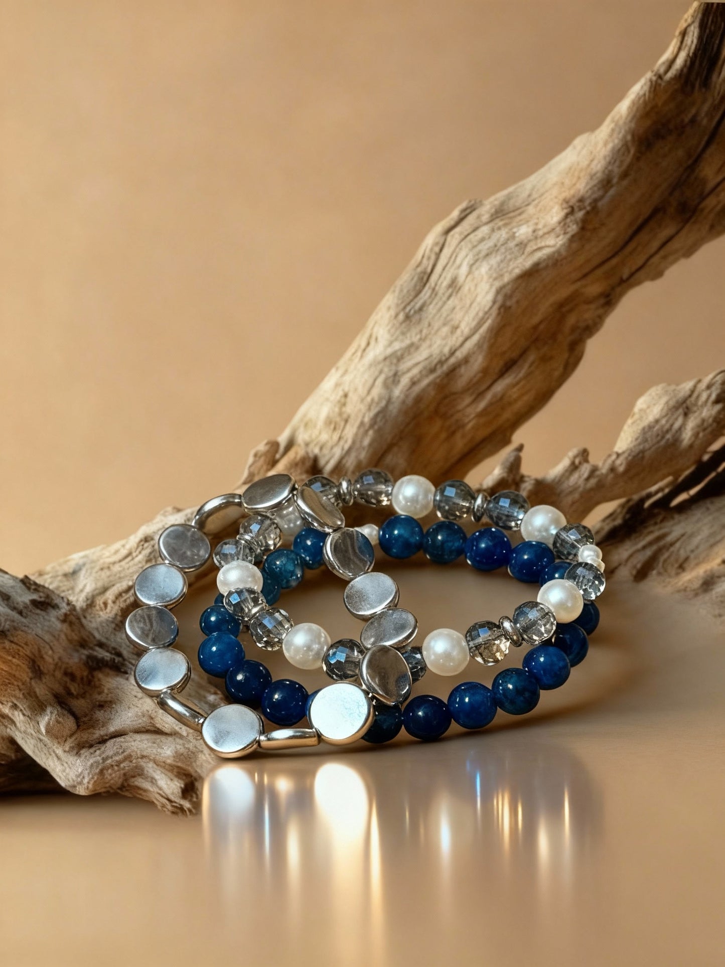Blue Crackle Agate Bracelet Set, Handmade Gemstone Bracelet Stack, Silver Plated Beaded Bracelets, Stretch Stackable Jewelry, Gift for Her