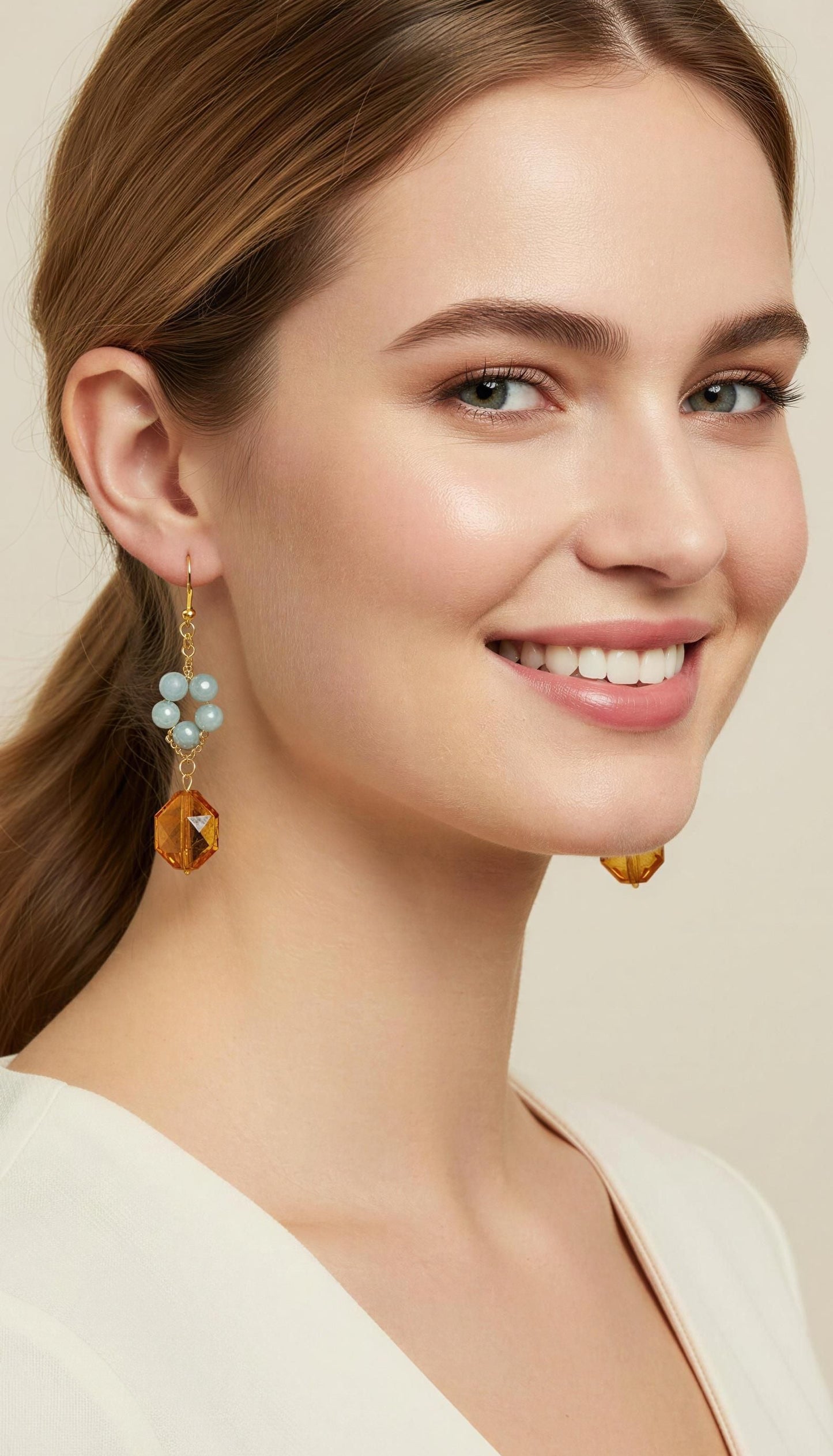 Amazonite & Citrine Flower Drop Earrings, Handmade Gemstone Earrings, Gold Plated Dangle Earrings, Feminine Jewelry Gift for Her