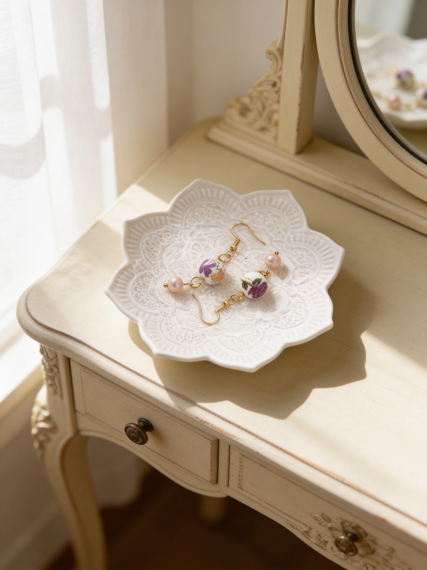 Floral Ceramic & Pearl Dangle Earrings – Handmade Vintage Inspired Earrings