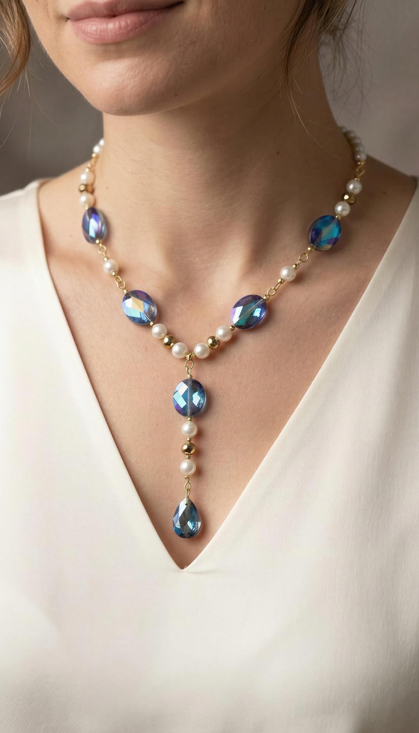 One of a Kind Blue Crystal Necklace with Pearl Accents, Gold Chain Drop Necklace, Elegant Necklace, Handmade Jewelry, Gift for Her
