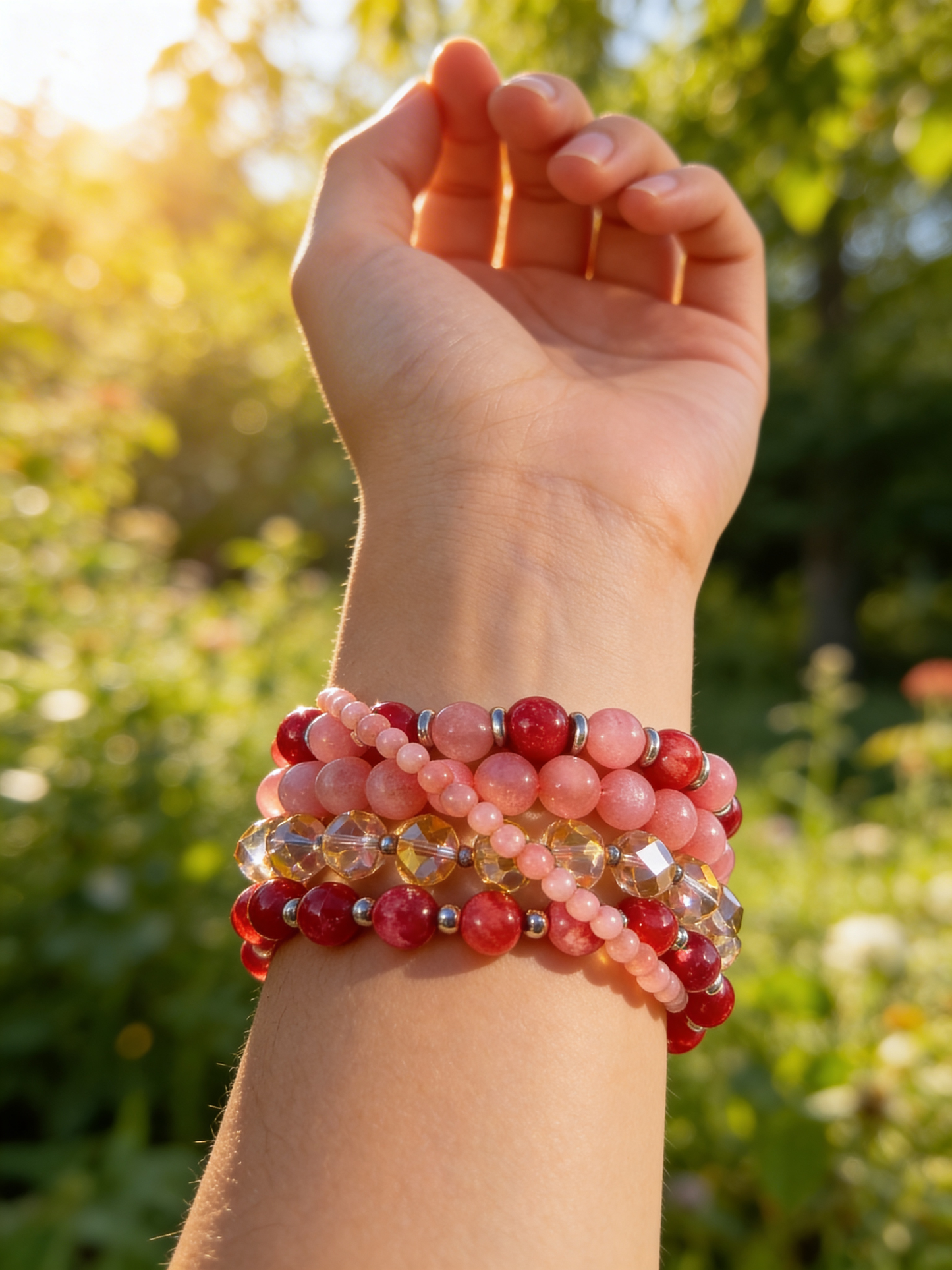 Pink Quartzite Bracelet Set, Handmade Gemstone Bracelet Stack, Coral Beaded Stackable Bracelets, Natural Stone Jewelry, Gift for Her