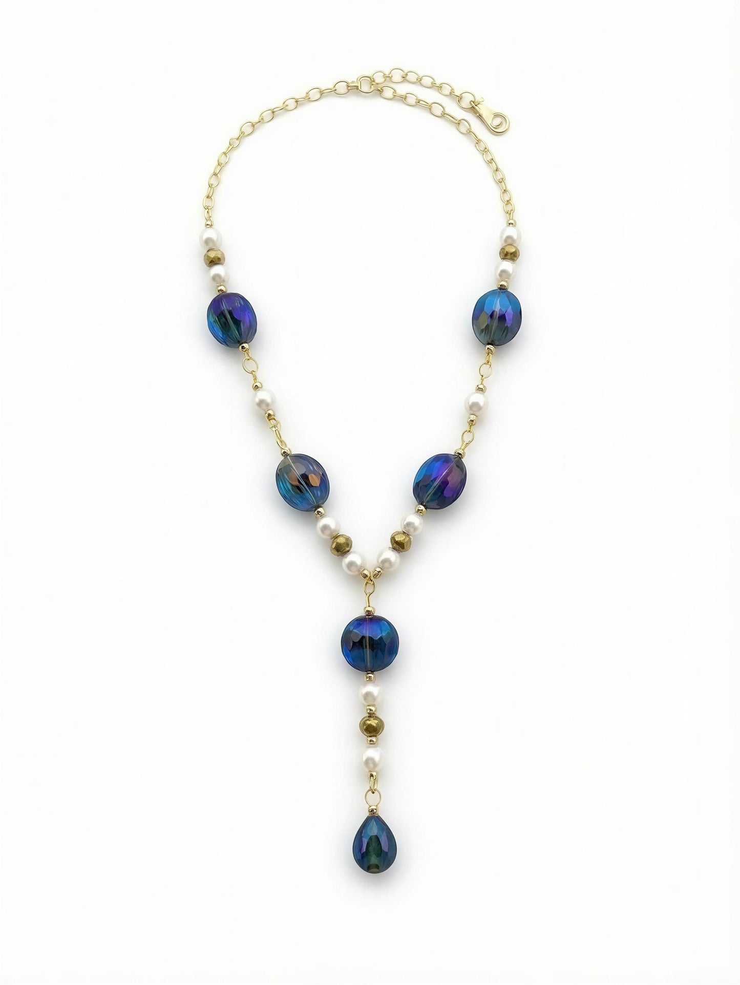 One of a Kind Blue Crystal Necklace with Pearl Accents, Gold Chain Drop Necklace, Elegant Necklace, Handmade Jewelry, Gift for Her
