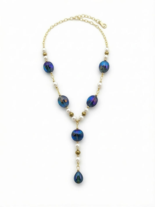 One of a Kind Blue Crystal Necklace with Pearl Accents, Gold Chain Drop Necklace, Elegant Necklace, Handmade Jewelry, Gift for Her