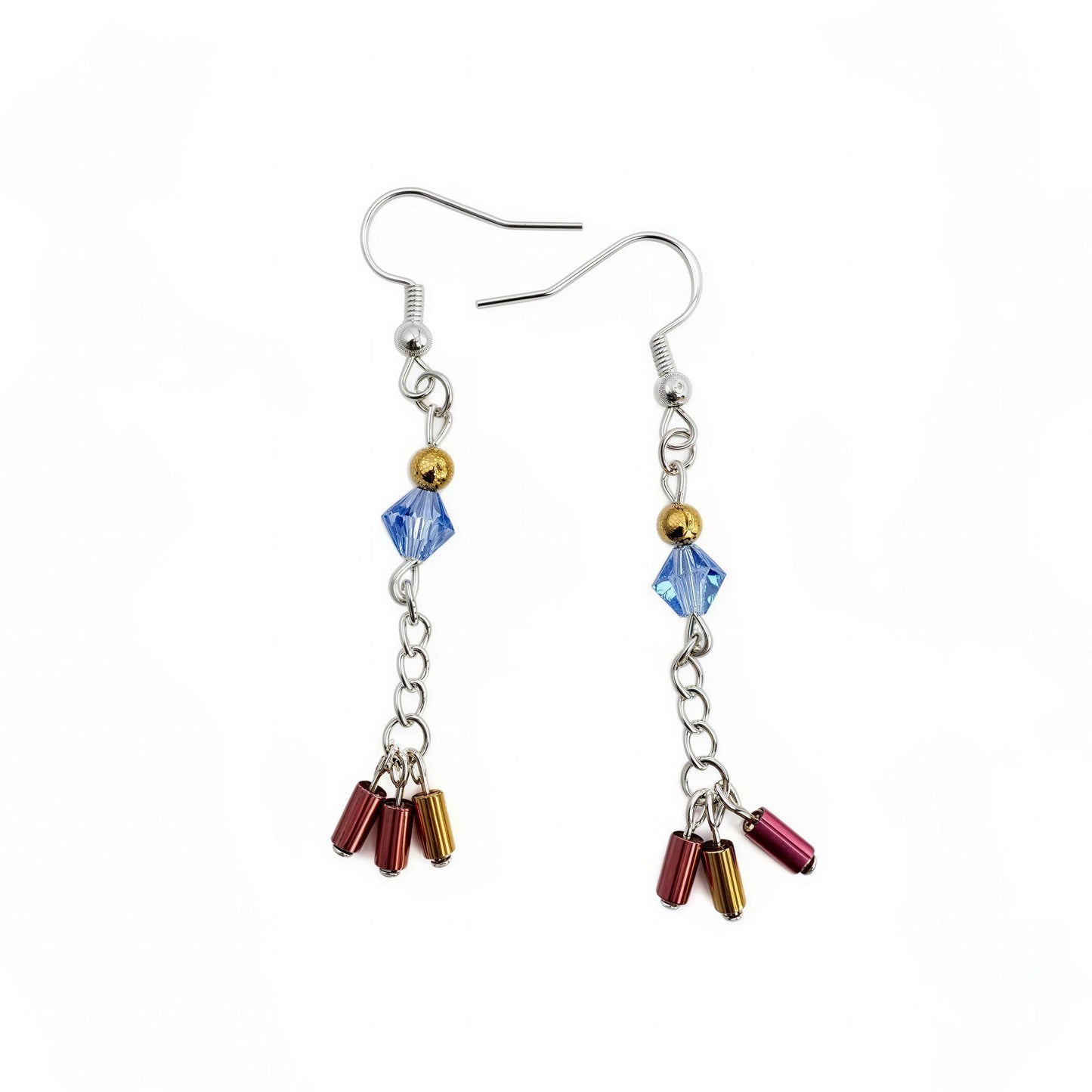 Sapphire Blue & Red Czech Glass Dangle Earrings – Handmade Beaded Drop Jewelry – Gift for Her