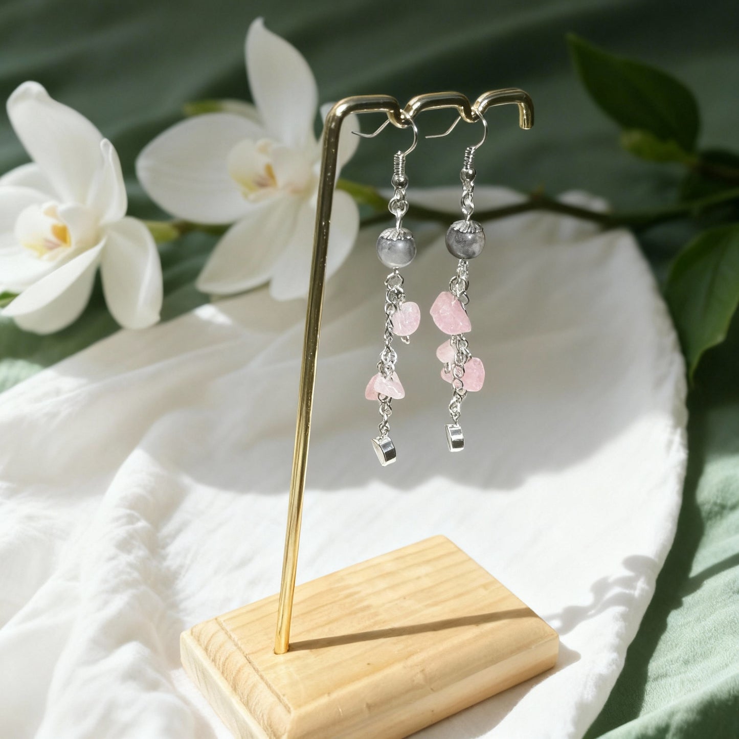 Rose Quartz Dangle Earrings – Natural Gemstone Drop Earrings, Crystal Jewelry, Boho Silver Chain Earrings - Selling fast, get yours today!