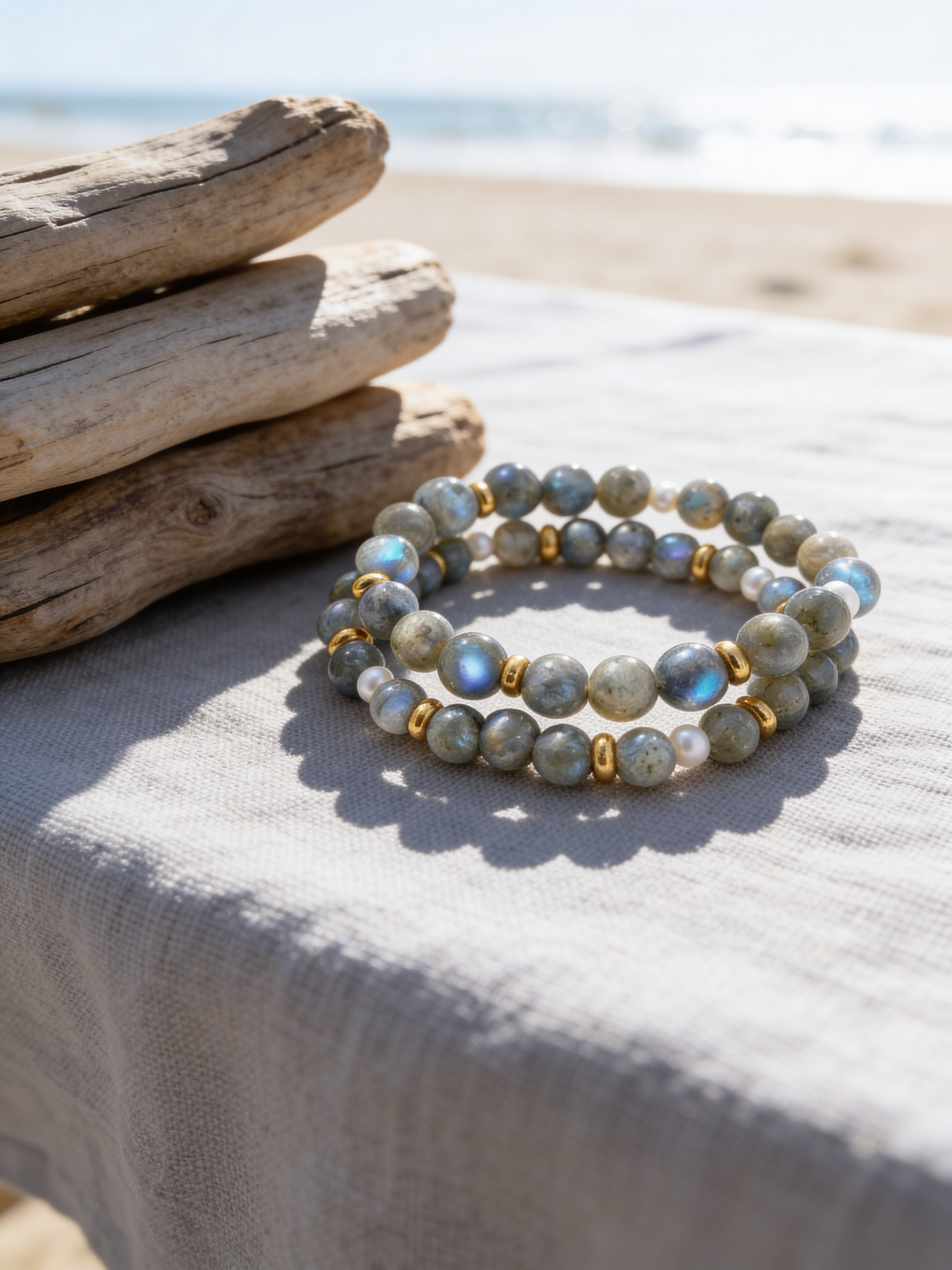 Labradorite Bracelet Set, Handmade Gemstone Bracelet Stack, Gold Accent Beaded Bracelets, Natural Stone Jewelry, Gift for Her