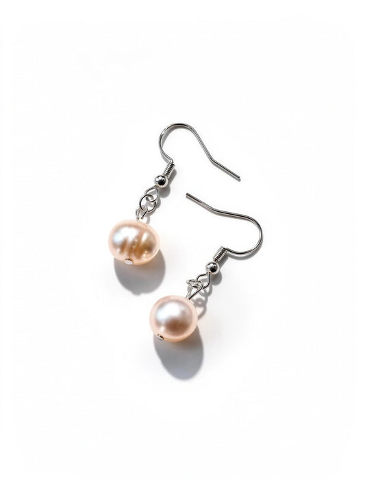 Peach Pearl Dangle Earrings, Handmade Minimalist Pearl Earrings, Romantic Neutral Jewelry, Elegant Drop Earrings, Gift for Her