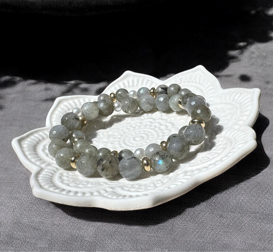 Labradorite Bracelet Set with Gold Accents & Pearl Crystal Jewelry
