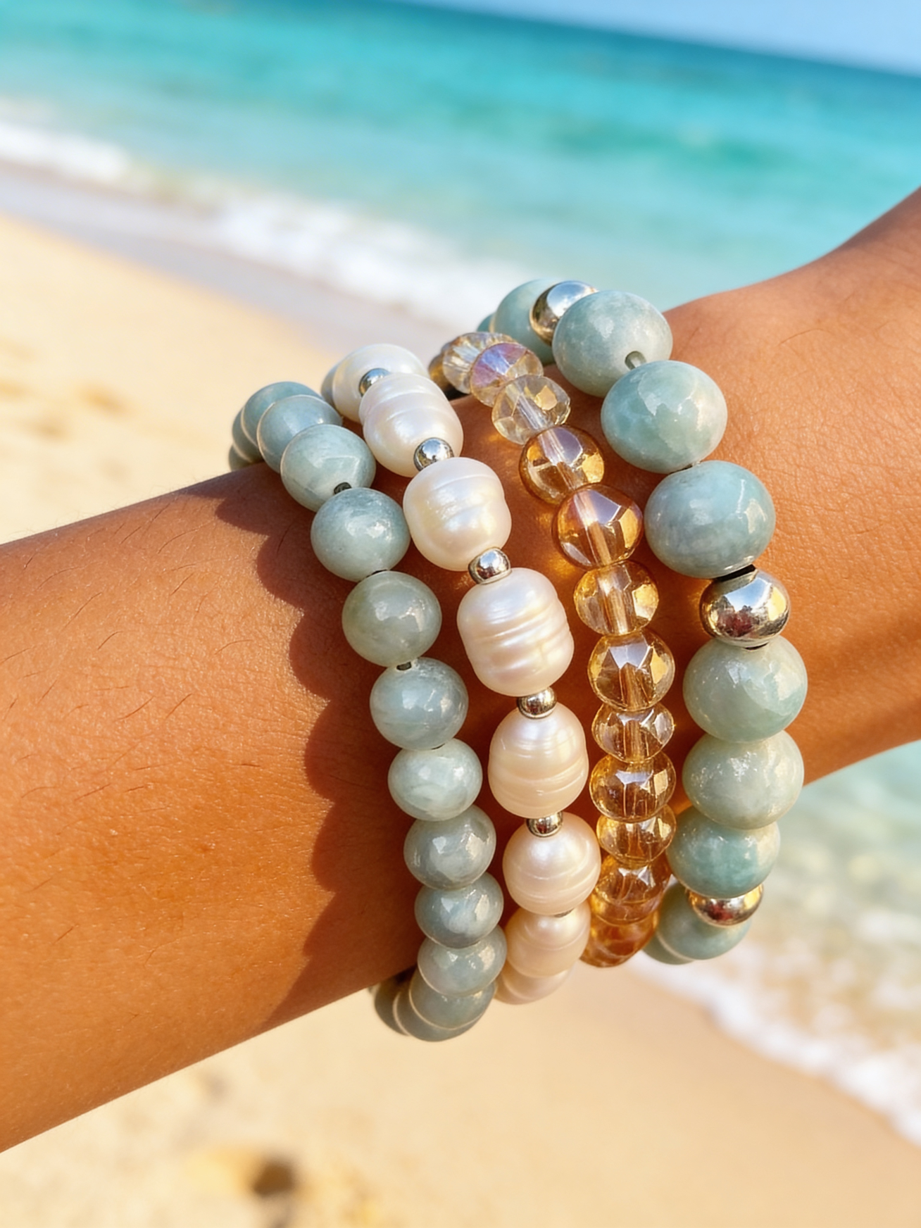 Light Blue Quartz Bracelet Set, Pearl Gemstone Bracelets, Handmade Stackable Beaded Jewelry, Natural Stone Bracelet, Gift for Her