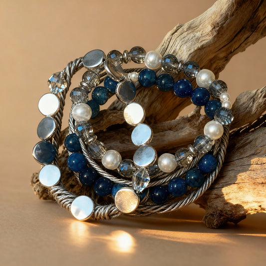 Blue Crackle Agate Bracelet Set – Handmade Stretch Bracelets with Glass & Silver-Plated Beads