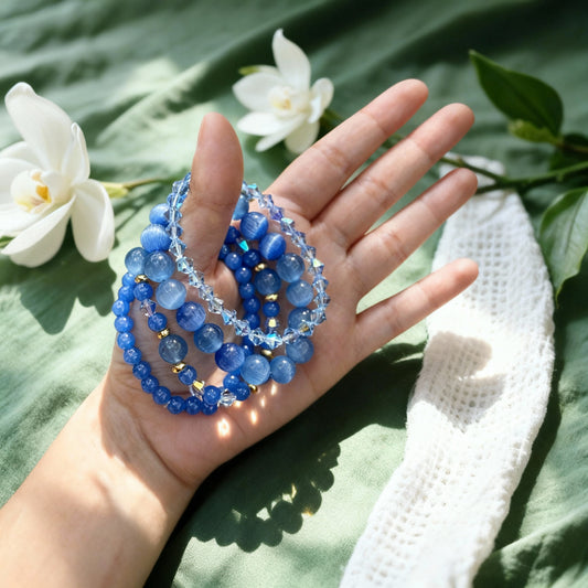 Blue Cat’s Eye & Crystal Bracelet Set – Handmade Layered Beaded Jewelry, Stretch Bracelets with Gold Accents