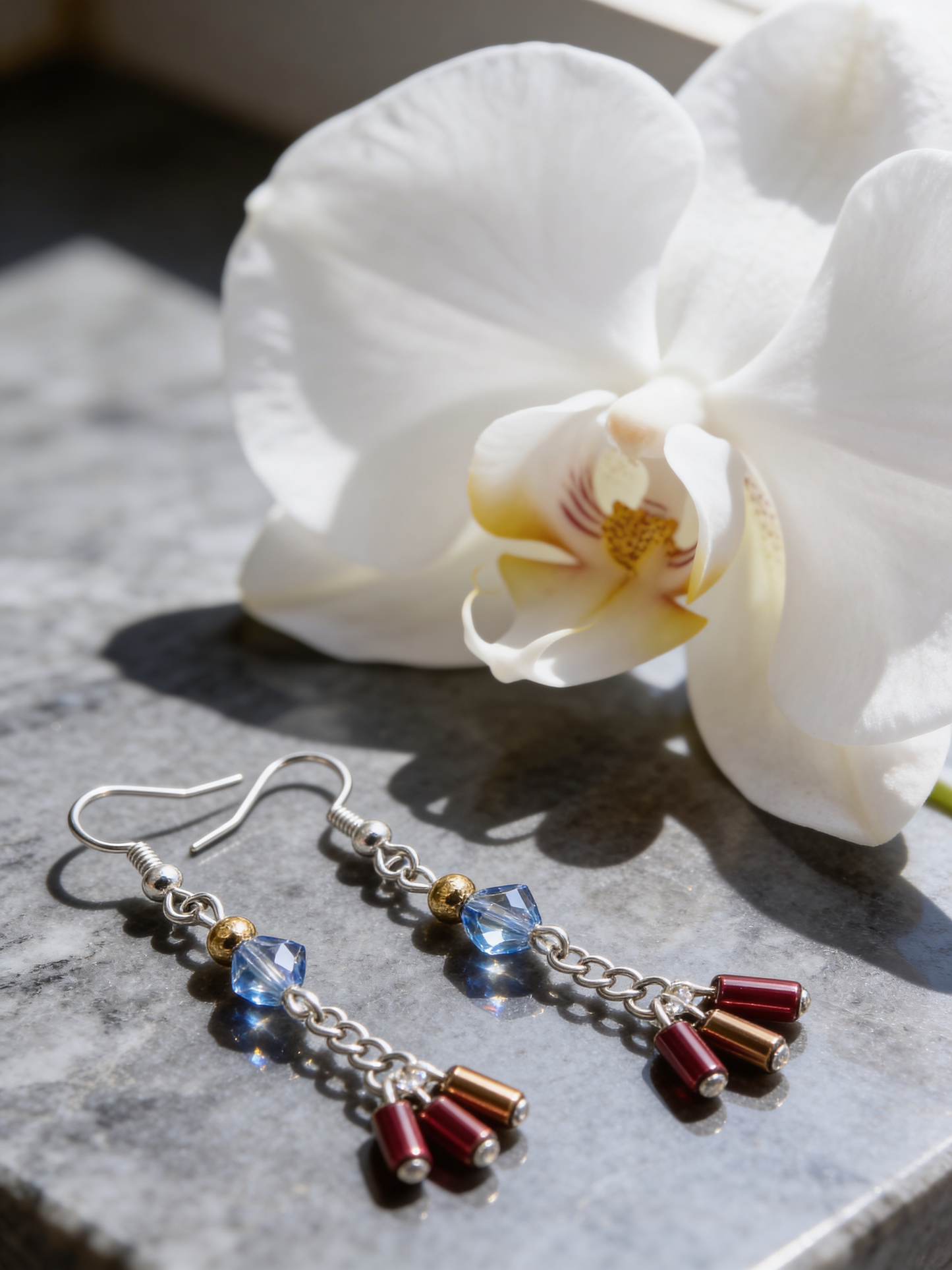 Sapphire Blue & Red Czech Glass Dangle Earrings – Handmade Beaded Drop Jewelry – Gift for Her