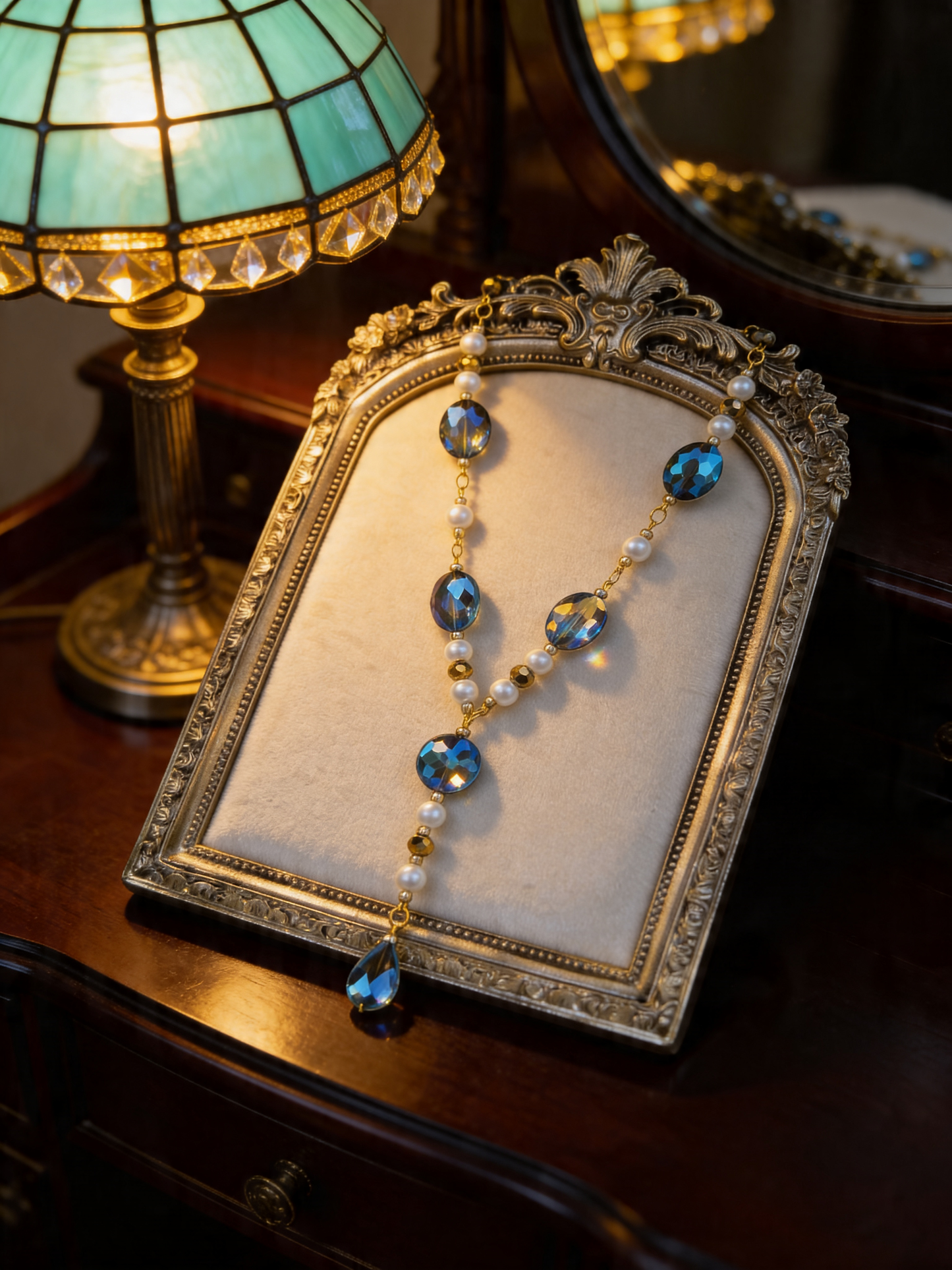 One of a Kind Blue Crystal Necklace with Pearl Accents, Gold Chain Drop Necklace, Elegant Necklace, Handmade Jewelry, Gift for Her