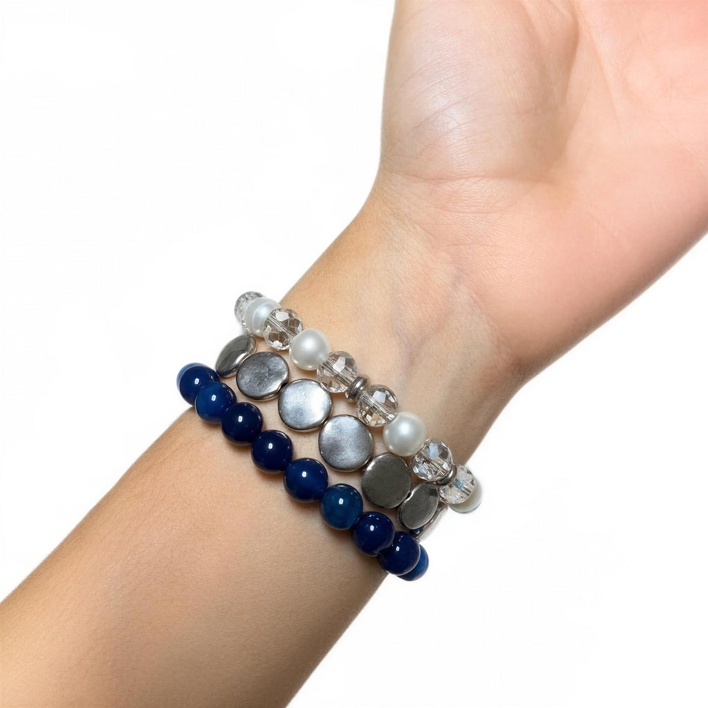 Blue Crackle Agate Bracelet Set, Handmade Gemstone Bracelet Stack, Silver Plated Beaded Bracelets, Stretch Stackable Jewelry, Gift for Her