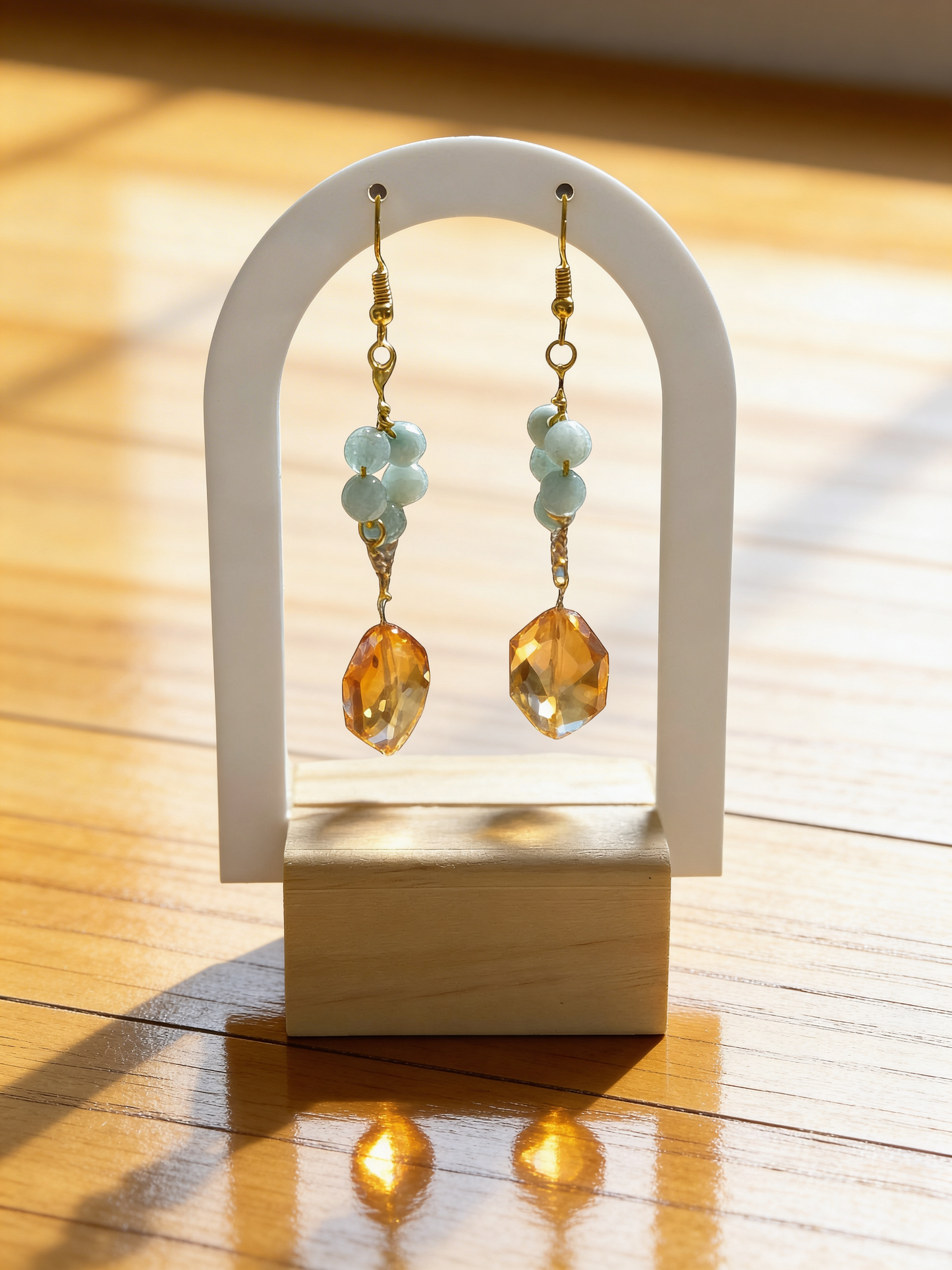 Amazonite & Citrine Flower Drop Earrings, Handmade Gemstone Earrings, Gold Plated Dangle Earrings, Feminine Jewelry Gift for Her