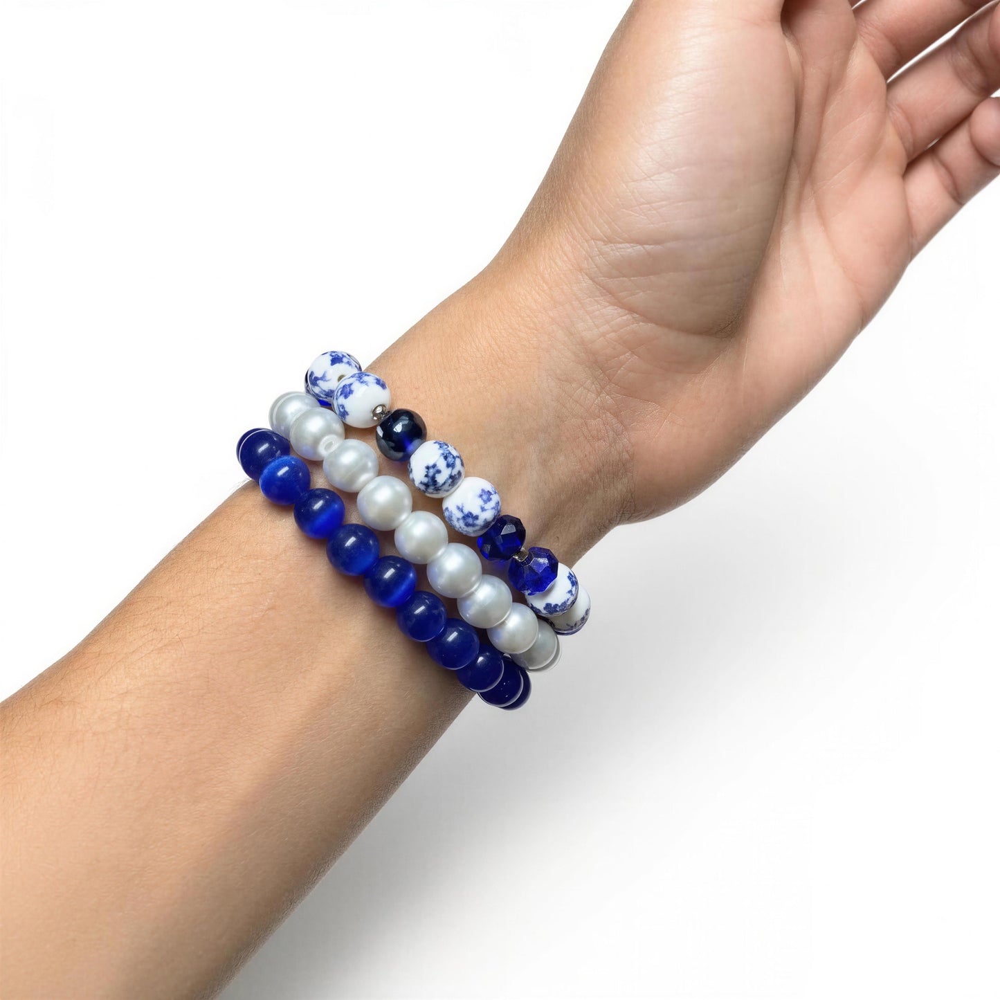 Blue Cat’s Eye Bracelet Set, Pearl Beaded Bracelet Stack, Handmade Gemstone Bracelets, Ceramic Floral Beads, Stackable Jewelry, Gift for Her