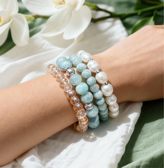 Set of 4 light blue quartz and white fresh water pearl bracelet: a handcrafted gemstones jewelry gift for her.