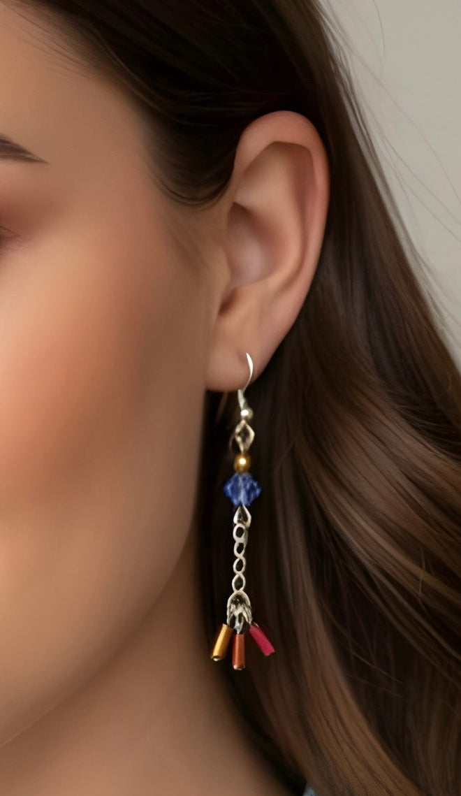 Sapphire Blue & Red Czech Glass Dangle Earrings – Handmade Beaded Drop Jewelry – Gift for Her