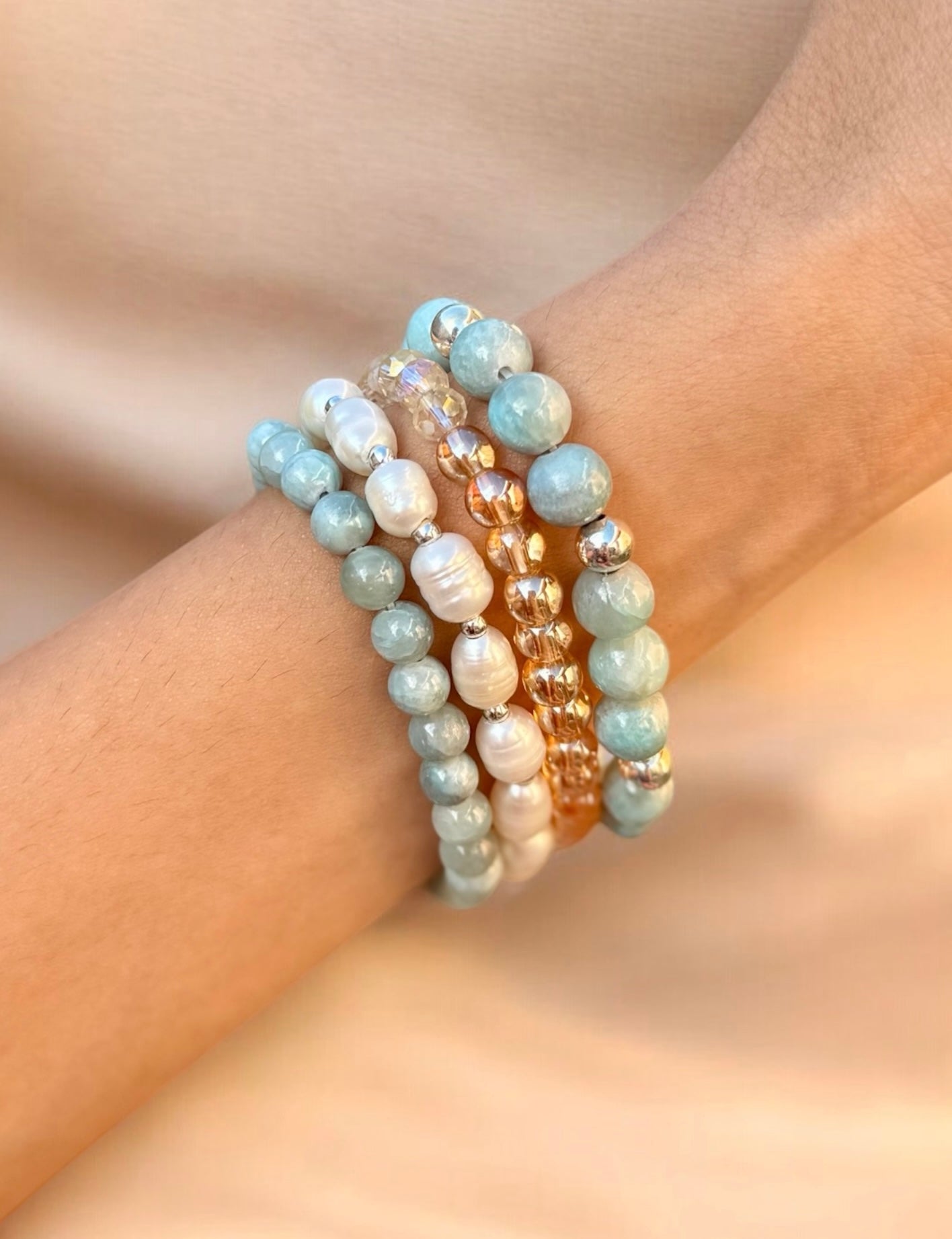Light Blue Quartz Bracelet Set, Pearl Gemstone Bracelets, Handmade Stackable Beaded Jewelry, Natural Stone Bracelet, Gift for Her
