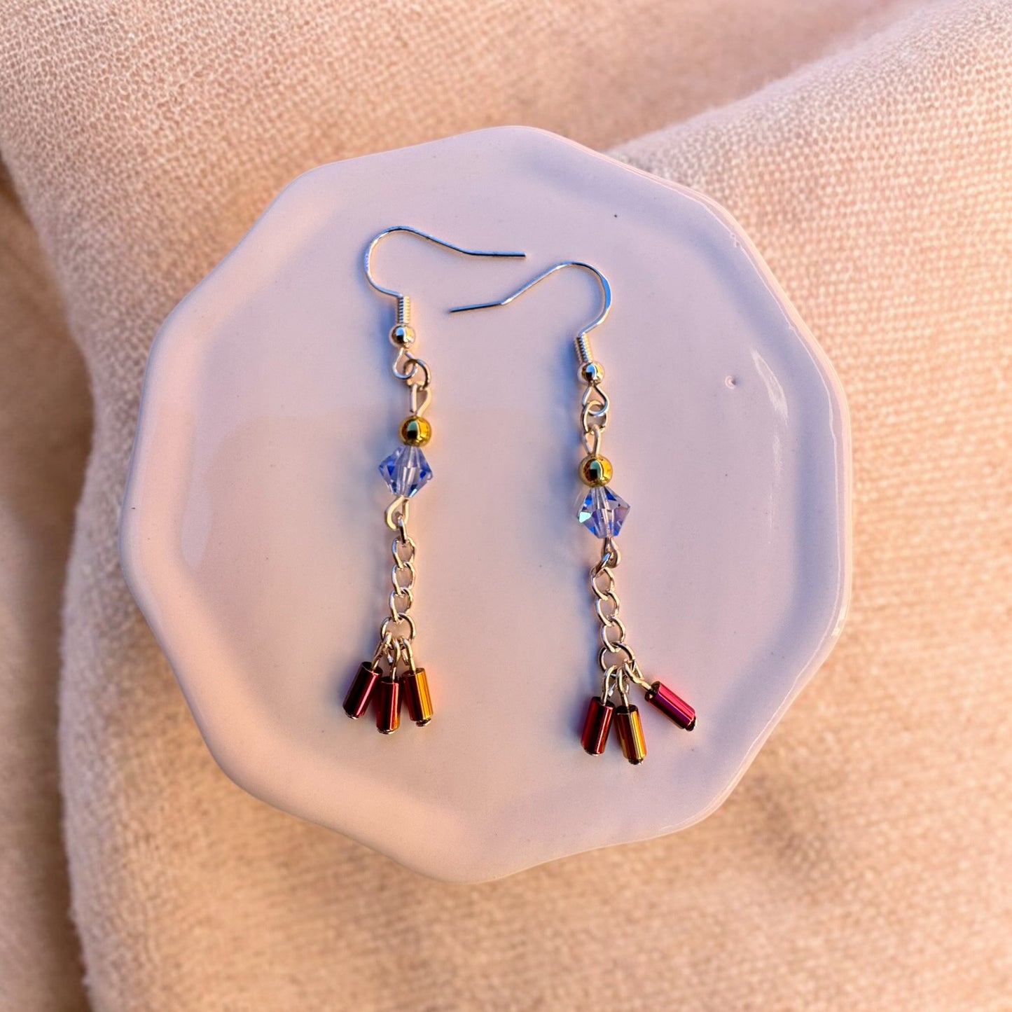 Sapphire Blue & Red Czech Glass Dangle Earrings – Handmade Beaded Drop Jewelry – Gift for Her