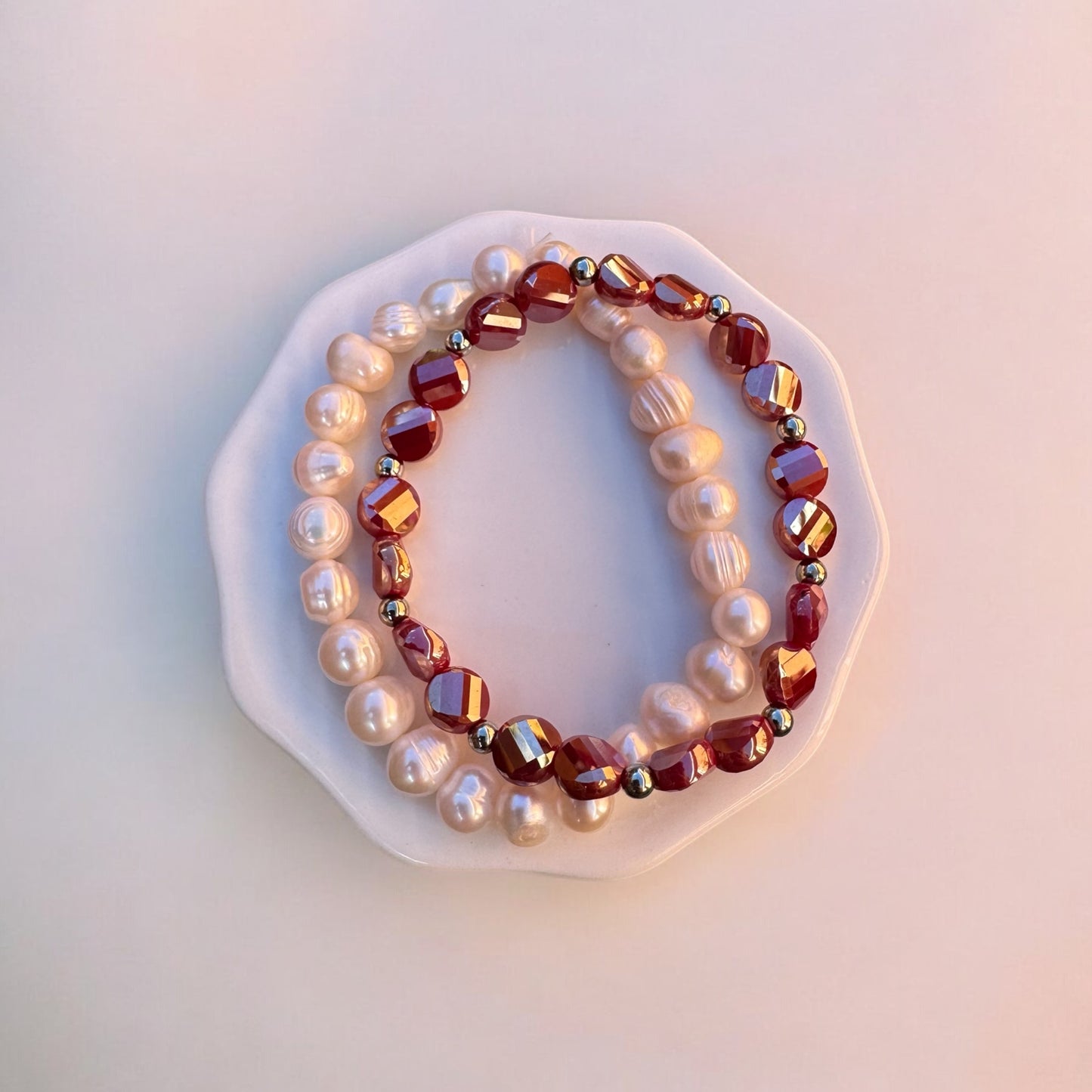 Pearl & Red Crystal Bracelet Set – Handmade Beaded Stackable Jewelry – Gift for Her