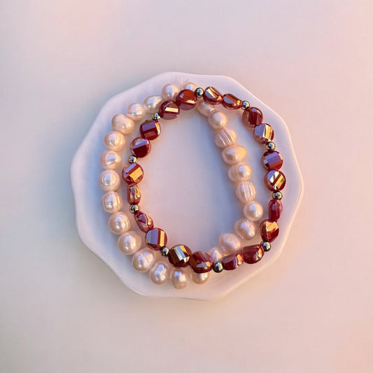 Pearl & Red Crystal Bracelet Set – Handmade Beaded Stackable Jewelry – Gift for Her
