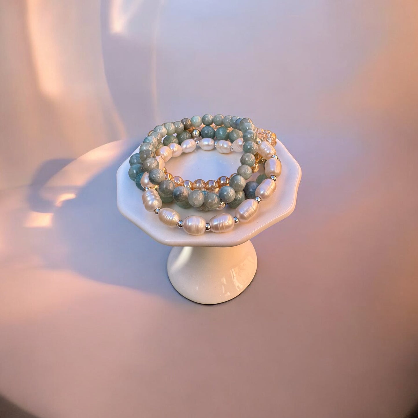 Light Blue Quartz Bracelet Set, Pearl Gemstone Bracelets, Handmade Stackable Beaded Jewelry, Natural Stone Bracelet, Gift for Her