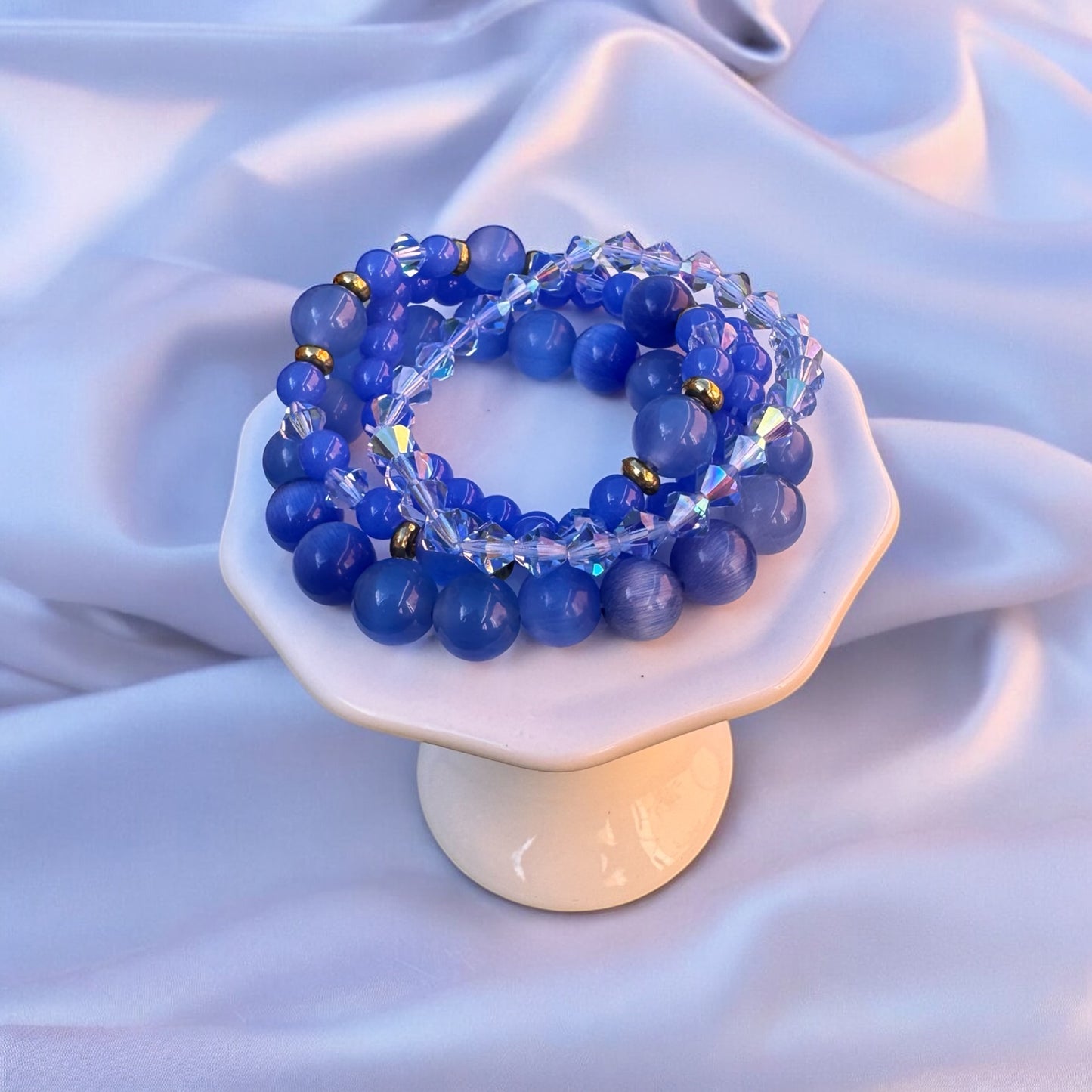 Blue Cat’s Eye Bracelet Set, Handmade Blue Gemstone Bracelet Stack, Beaded Stretch Bracelets, Stackable Jewelry, Gift for Her