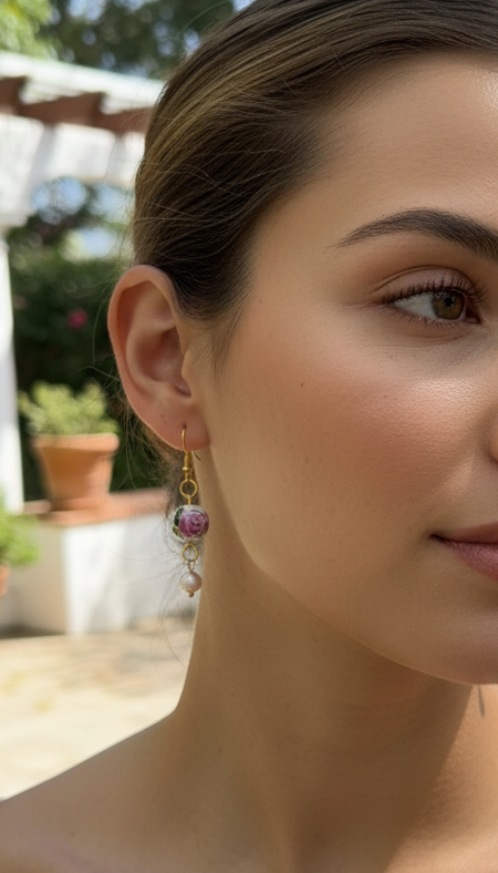 Floral Ceramic & Pearl Dangle Earrings – Handmade Vintage Inspired Earrings