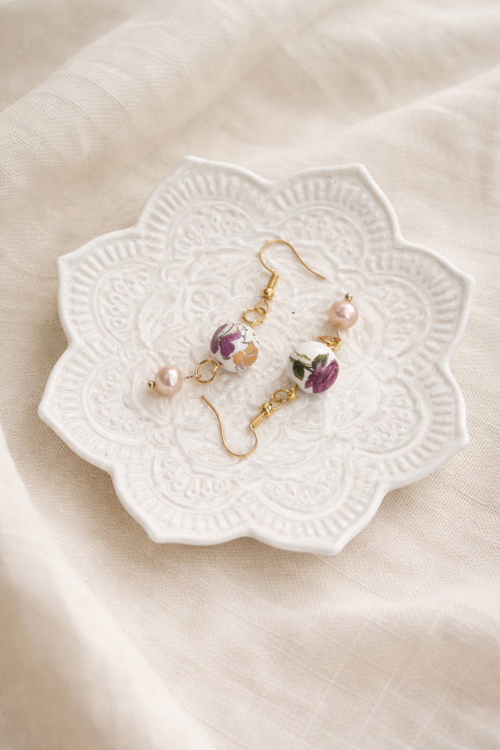 Floral Ceramic & Pearl Dangle Earrings – Handmade Vintage Inspired Earrings