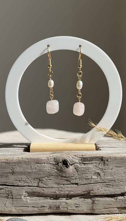 Rose Quartz & Pearl Dangle Earrings – Romantic Gift | Handmade Gold Jewelry