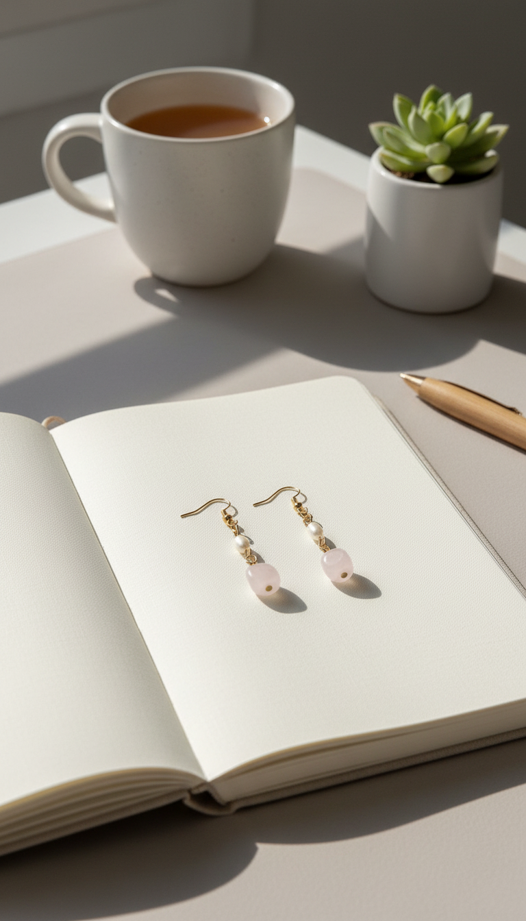 Rose Quartz & Pearl Dangle Earrings – Romantic Gift | Handmade Gold Jewelry