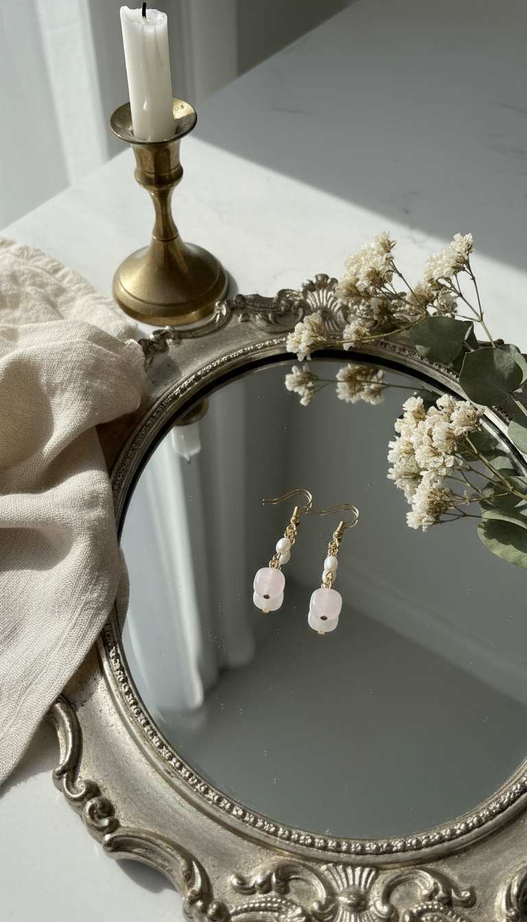 Rose Quartz & Pearl Dangle Earrings – Romantic Gift | Handmade Gold Jewelry