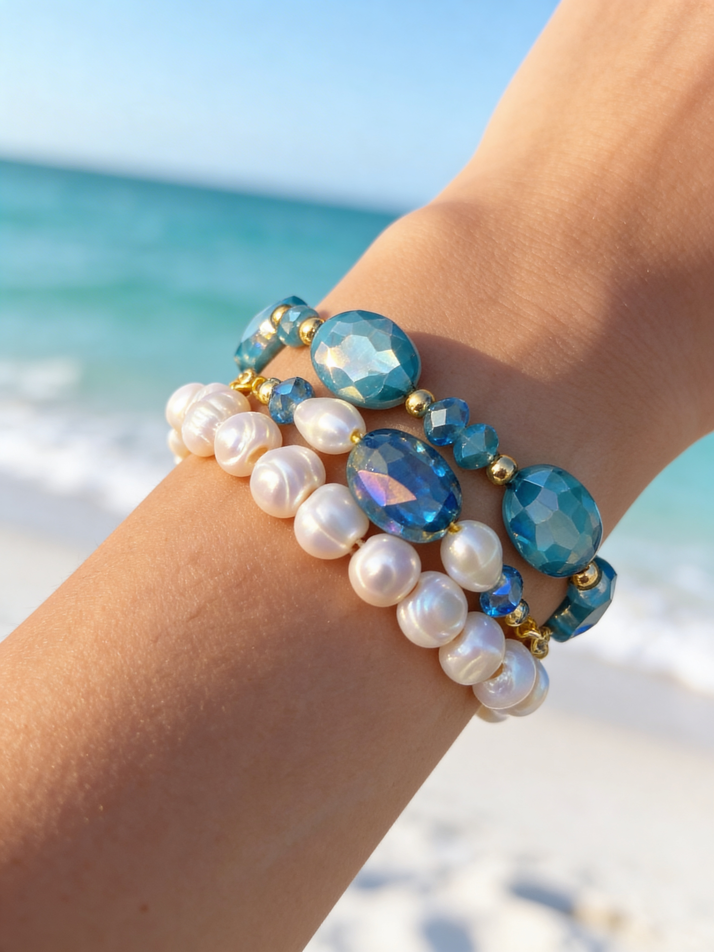 Mermaid Bracelet Set, Blue Crystal and Pearl Bracelet Set, Handmade Beaded Bracelet Stack, Ocean Inspired Jewelry, Gift for Her