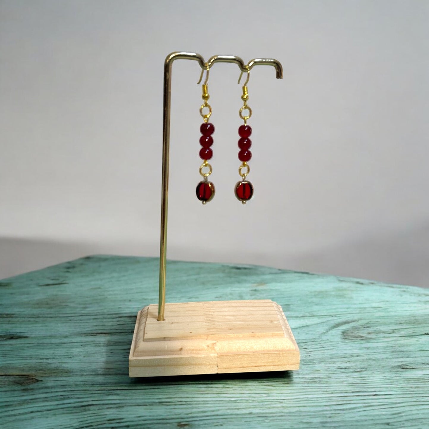 Red Glass Bead Dangle Earrings – Handmade Gold Drop Earrings, Lightweight Statement Jewelry