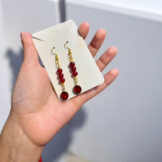 Red Glass Bead Dangle Earrings – Handmade Gold Drop Earrings, Lightweight Statement Jewelry